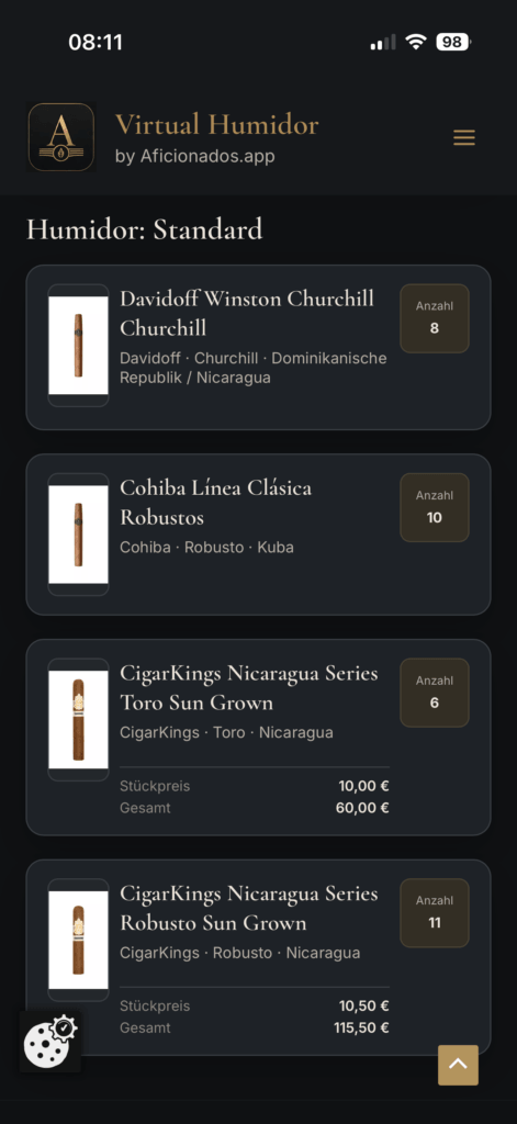 Virtual Humidor by Aficionados.app
eigener Humidor