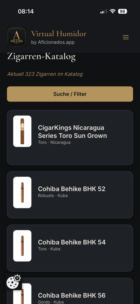 Virtual Humidor by Aficionados.app
umfangreicher Zigarrenkatalog